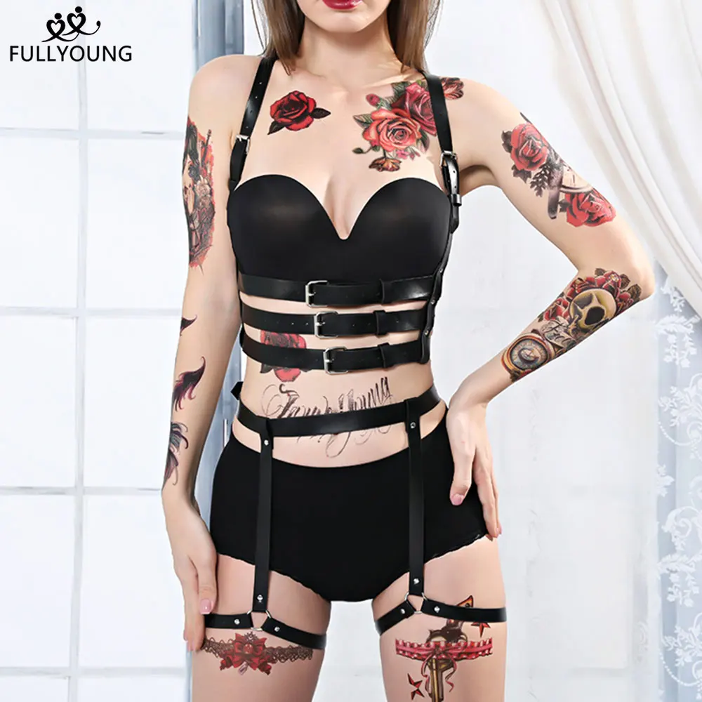 

Fullyoung 2PCS Sexy Women Leather Harness Punk Stocking Garters Chest Body Bondage Erotic Suspender Waist Leg Fetish Adjustable