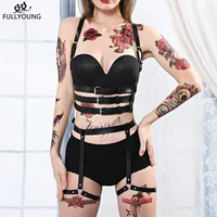 fullyoung 2pcs sexy women leather harness punk stocking garters chest body bondage erotic suspender waist leg fetish adjustable