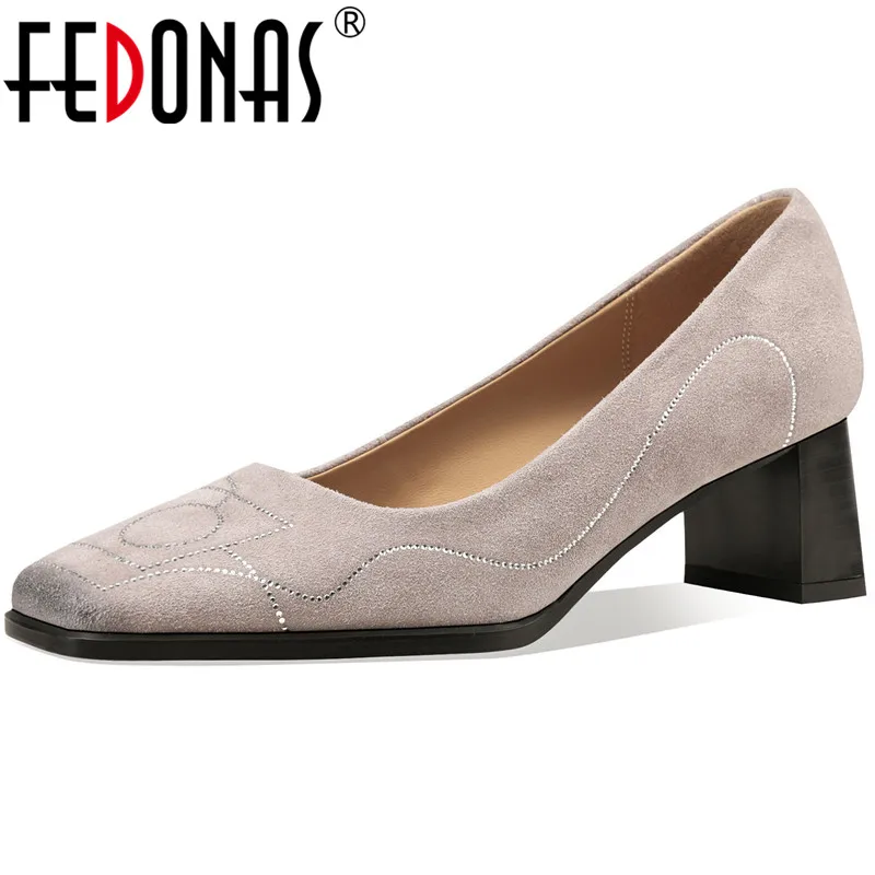 

FEDONAS Elegant Shallow Shoes For Women Suede Leather Square Toe Pumps Spring 2021 Trend High Heels Wedding Office Shoes Woman