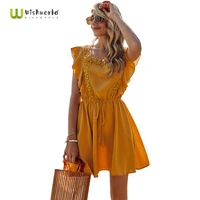 solid color stitching high waist crew neck sexy lace ruffle retro dress women 2021 backless casual sun dress party club dresses