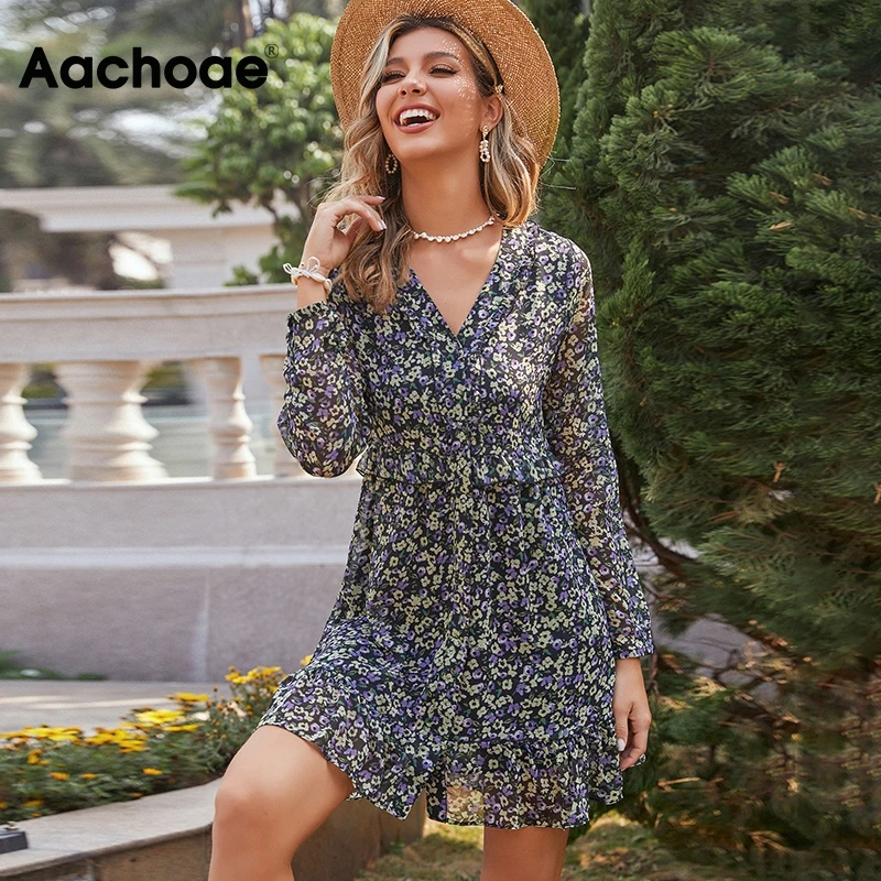 Мини-платье Aachoae с V-образным вырезом и цветочным принтом прозрачным длинным