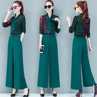 spring new products female small fragrance printed bowknot shirt 2 piece temperament wide leg pants fashion suit female xxl