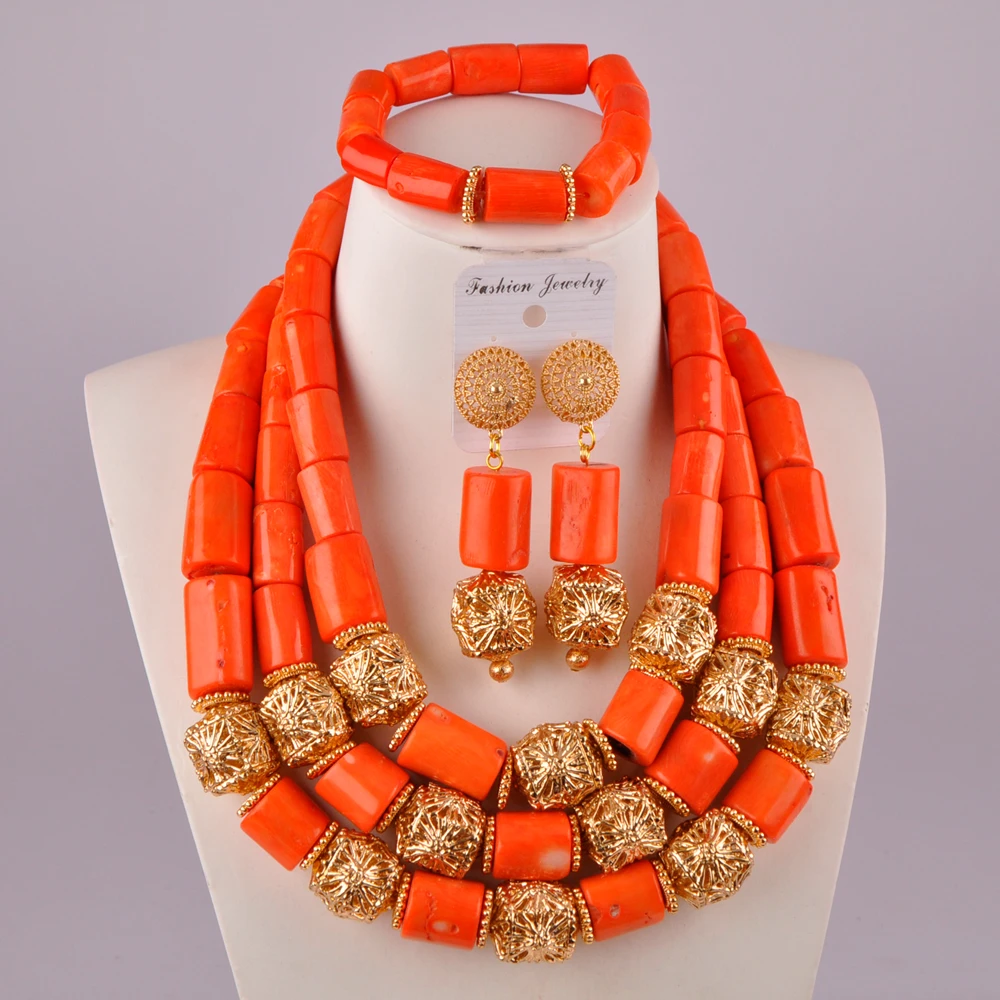 

gorgeous orange nigerian coral beads necklace jewelry set african wedding coral set C21-36-02