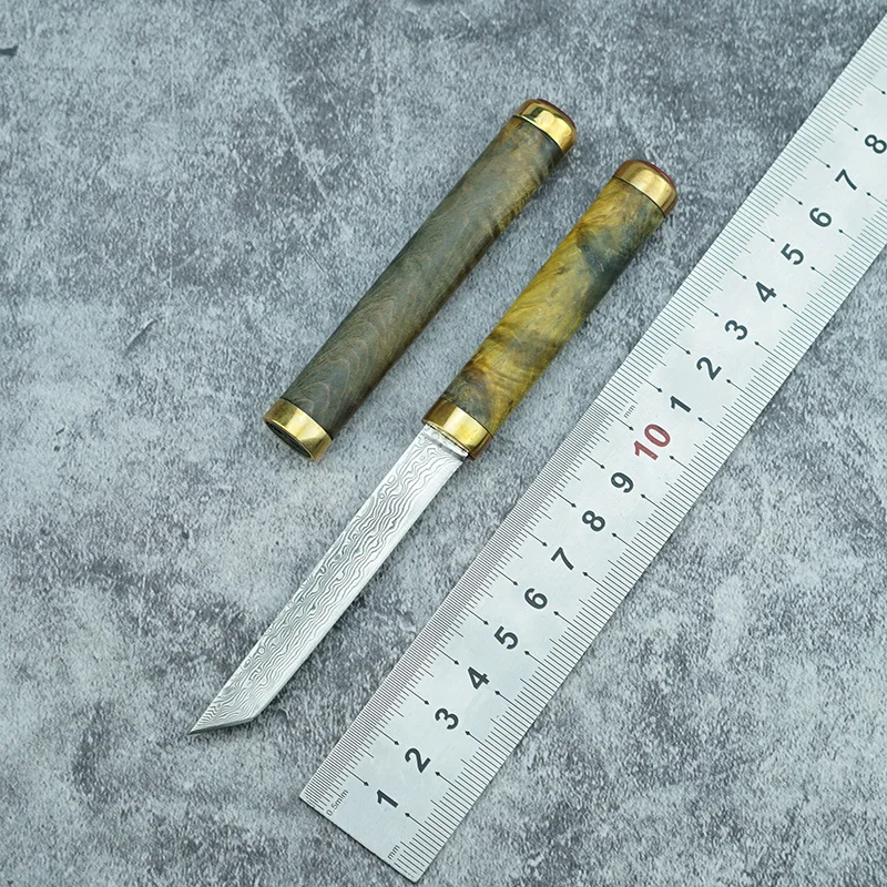 

NKAIED magic pen VG10 Damascus steel fixed blade stable wood inlaid brass + agate handle camping outdoor fruit knife EDC tool