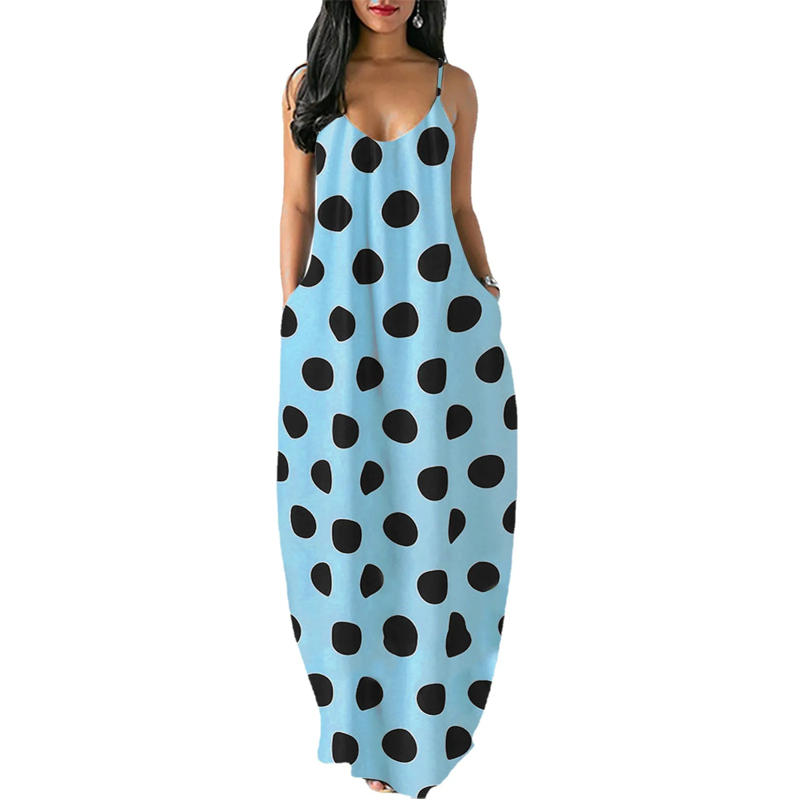 

2021 summer new style European and American women's digital printing polka-dot deep V-neck suspender long skirt