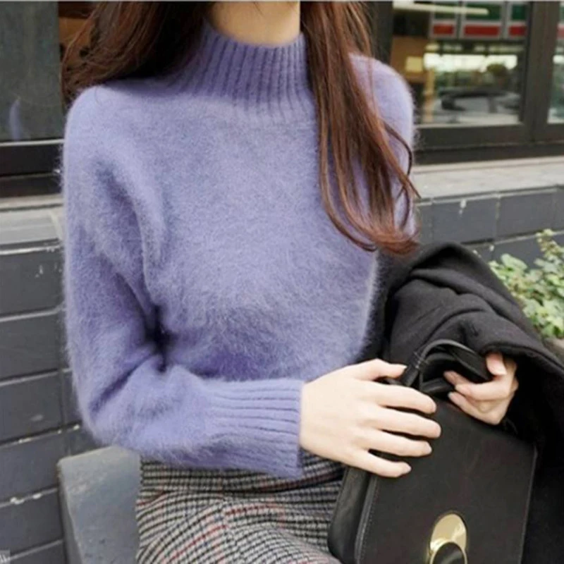 

Knitted Mink Fleece Sweaters Women Winter Fall Korean Style Loose Solid Female Pullovers Warm Basic Soft Mock Neck Jumper