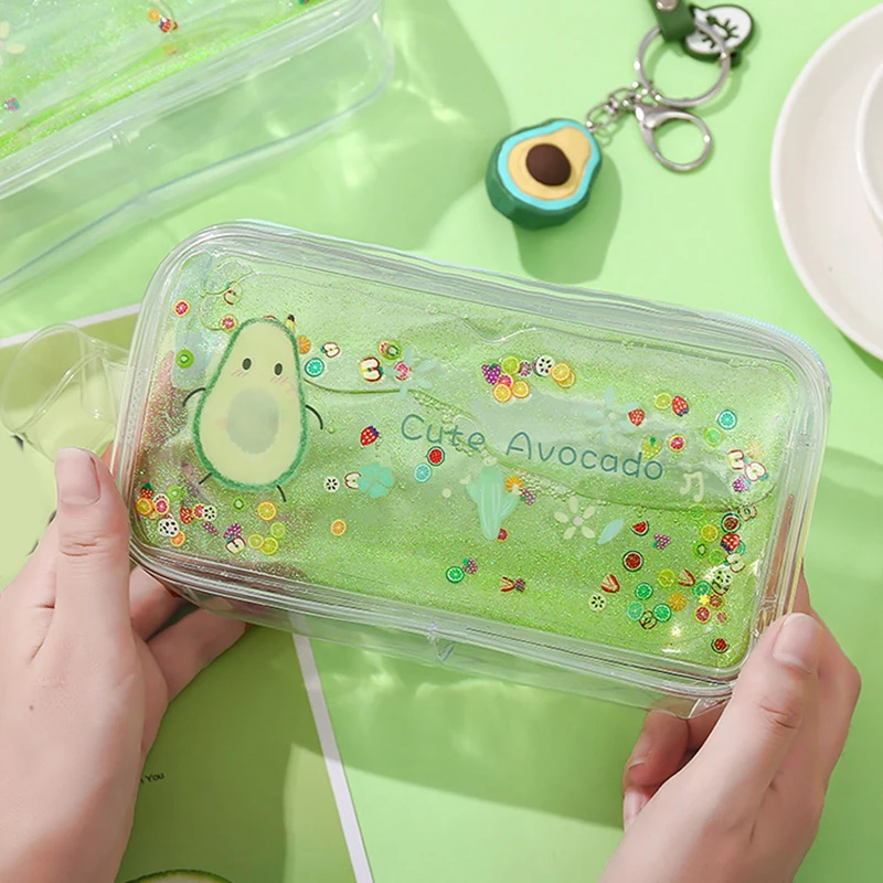 Прозрачный кавайный чехол для карандаша школьная сумка карандаш с зелеными