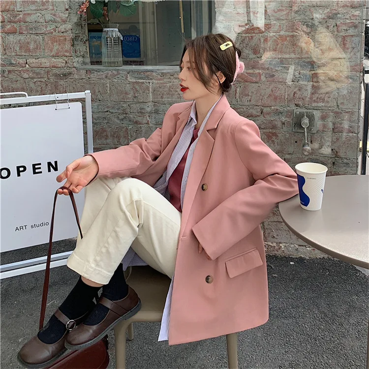 

2021 Blazer Women Double Breasted Oversized Suits Jacket Official Ladies Loose Long Sleeve