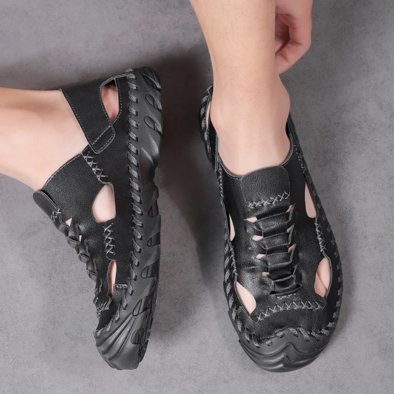 Сандалии мужские из натуральной воловьей кожи ручной работы дышащие босоножки