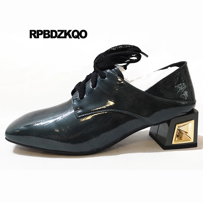 Harga Sepatu Pump Lace Up Kualitas Tinggi Desainer Wanita Berujung Persegi Musim Gugur Blok Mules Slipper Fashion Tebal Biru Kulit Asli Paten