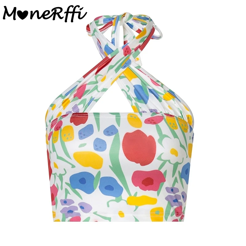 

MoneRffi Hot Girl's Colorful Flower Graffiti Print Bra Cross Halter Neck Strap Vest Tank Top French Retro Summer Backless Tops