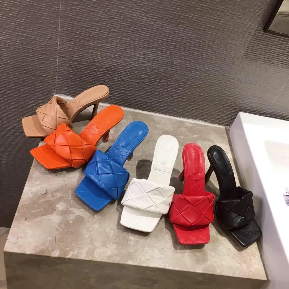 

Woman 2022 Summer Square Toe High Heels Sandals Women Weave Good Quality Dress Shoes White Blue