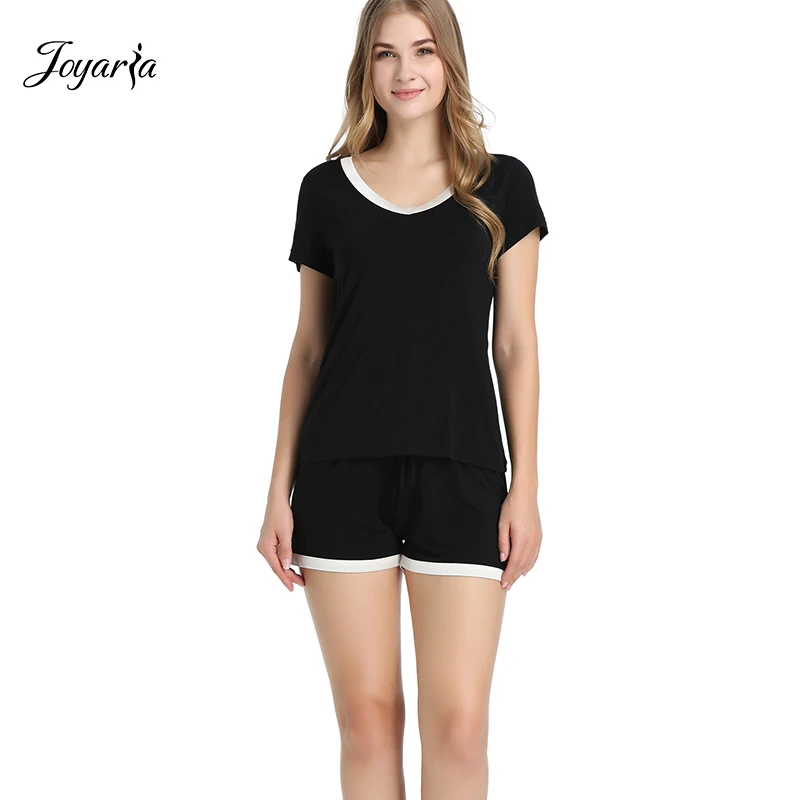 

Joyaria Pajamas Women Summer V-Neck Short Sleeves Pyjamas Set Bamboo Sleep Shirt and Bottoms Viscose Pajama Set Pijamas Mujeres
