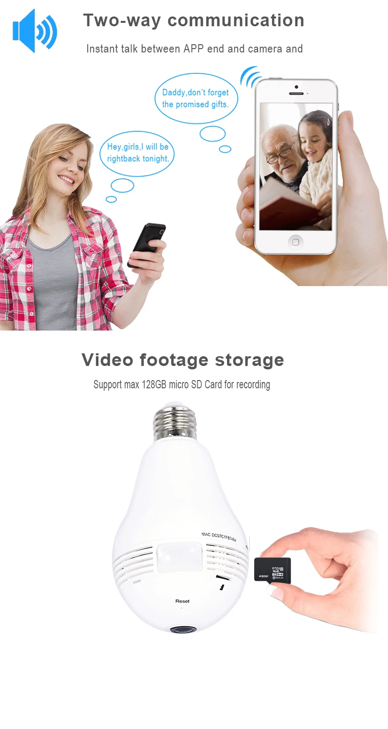 Ip-камера 360 градусов 1080P двухстороннее аудио домашнее видеонаблюдение Беспроводная IP Wifi камера wifi светильник лампа камера