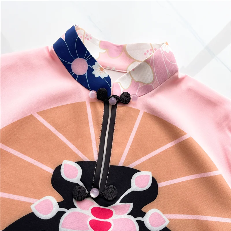 #4242 Summer Short Sleeve T Shirt Women Stand Collar Chinese Style Vintage Casual 3D Printed Long T Shirt Female Loose Retro