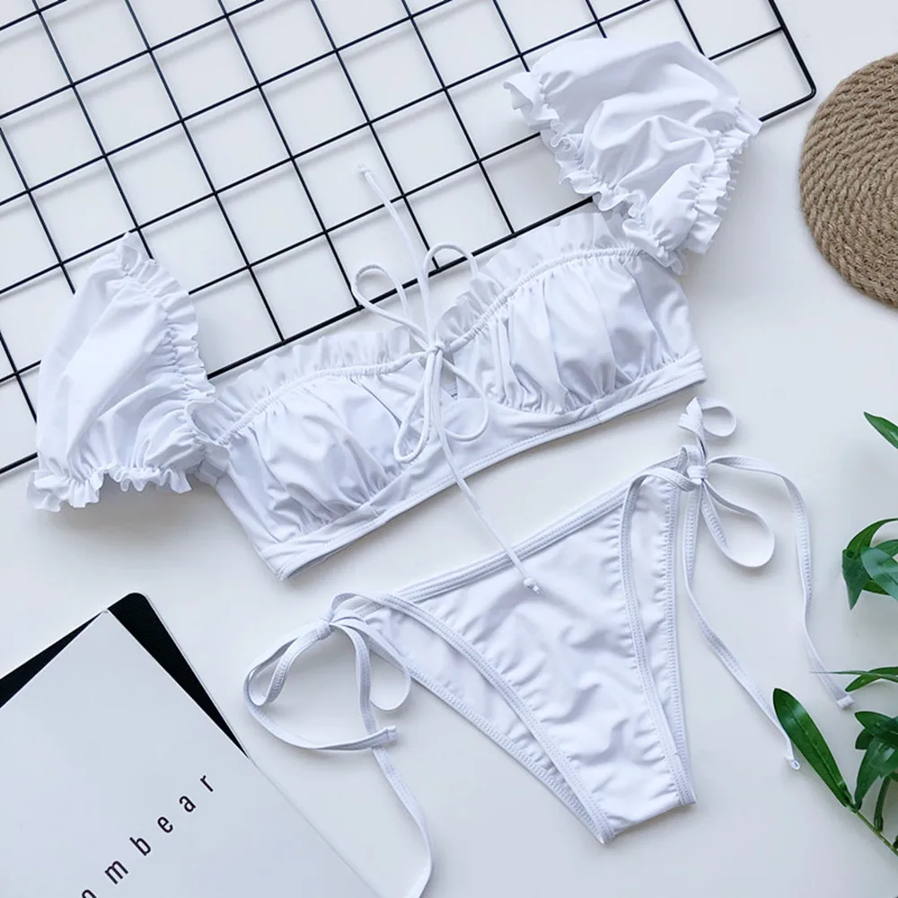 

Short Sleeve Sexy String Bikini 2020 New Arrival Padded Lace Low Waist Swimsuit Female Swimwear Women Print Biquini