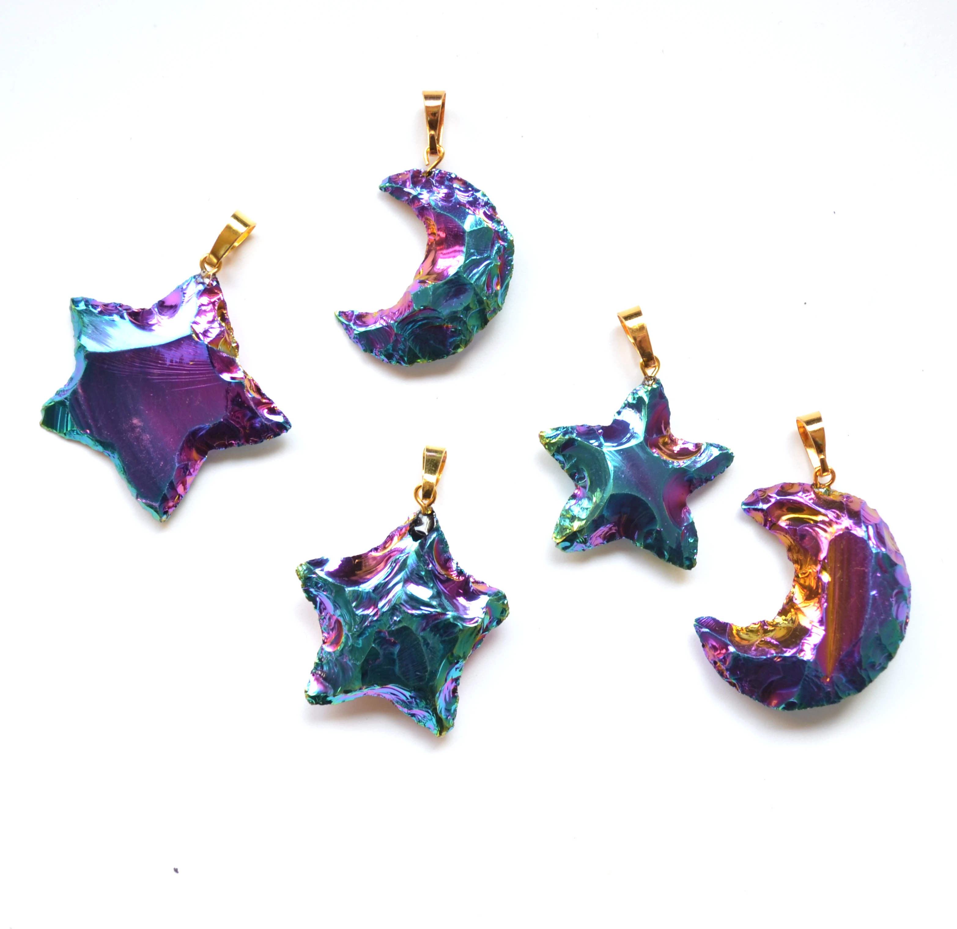 

New titanium blue quartz crystal star moon pendants, gem jewelry charms findings