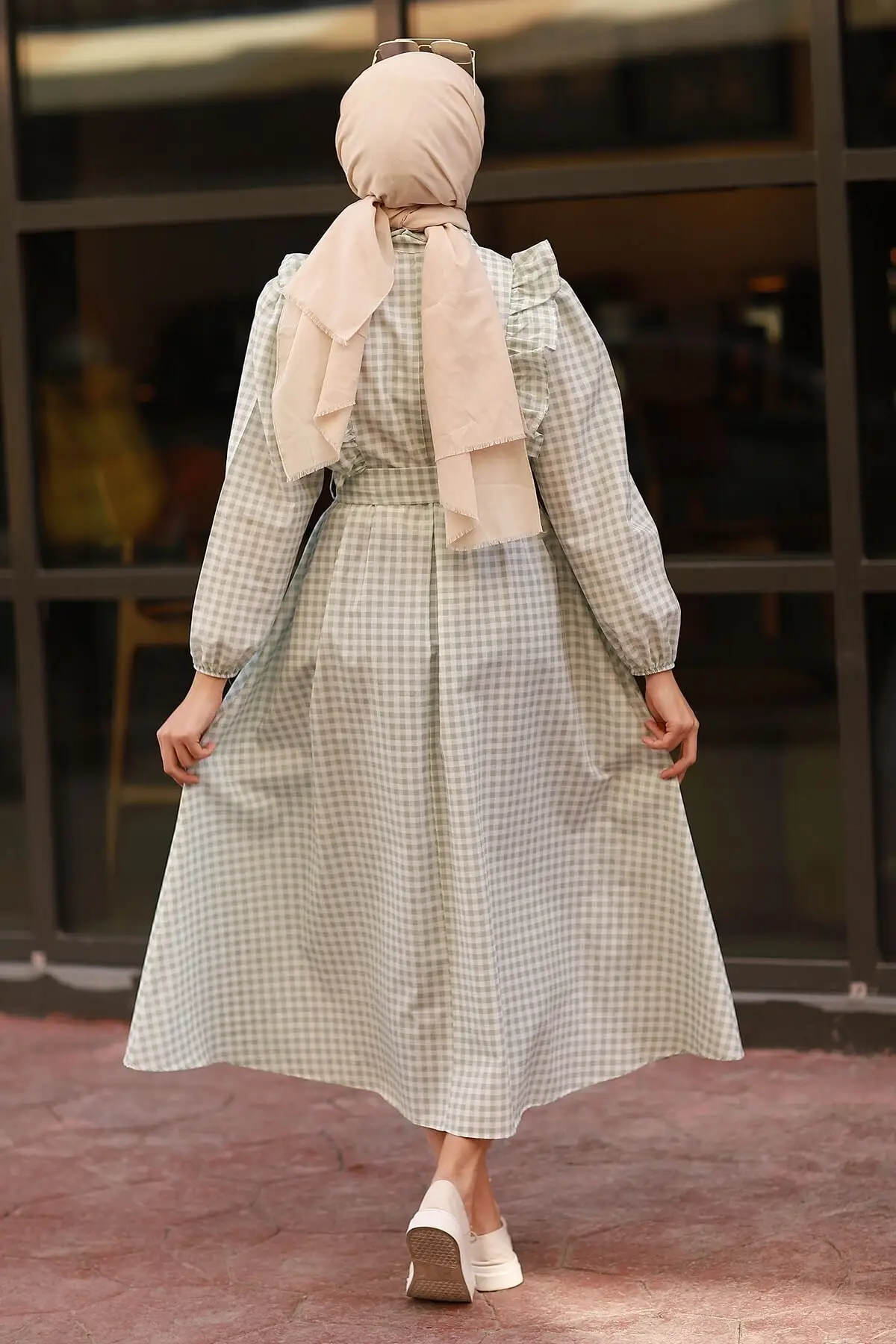 

Button houndstooth dress with frilled Fashion Muslim Women Hijab Dress
