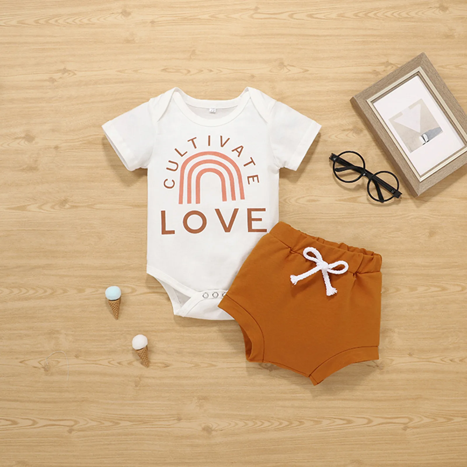 

Girl Outfits Newborn Baby Girls Clothes Summer Solid Short Sleeve Letter Rainbow Baby Romper Bodysuit+Solid Color Shorts Set