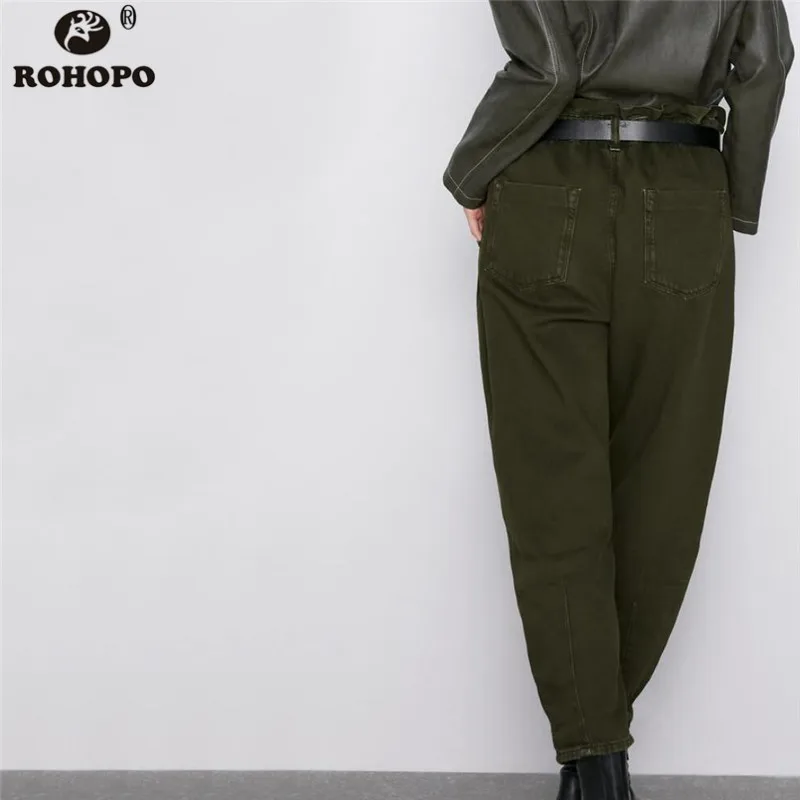ROHOPO, армейский зеленый хлопок, джинсовые широкие джинсы, высокая талия, оверлок, талия, с отворотом, карманы, свободные, джинсовые брюки#1190