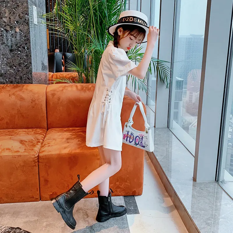 

Teenage Girls Dress Suit Jacket Clothes Fashion Summer Short Sleeve Double-Breasted Draw String Waist Kids Blazer Dress Costumes