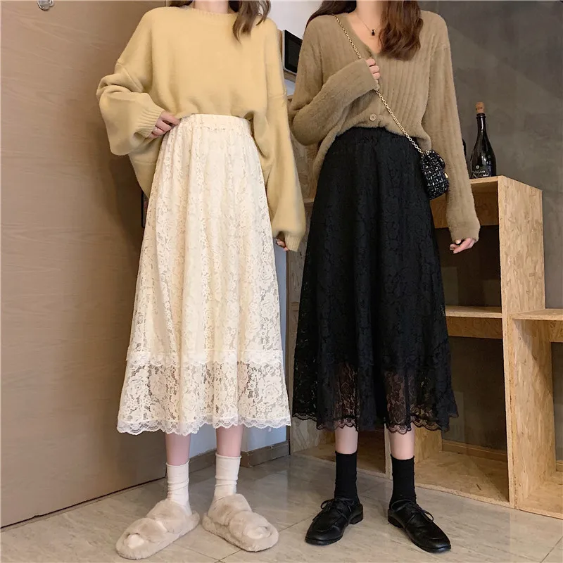 

2020 Spring Vintage Chic Lace Skirts Women Fashion High Waist Elastic Elegant Floral Hollow Out Patchwork A-line Saia for Female