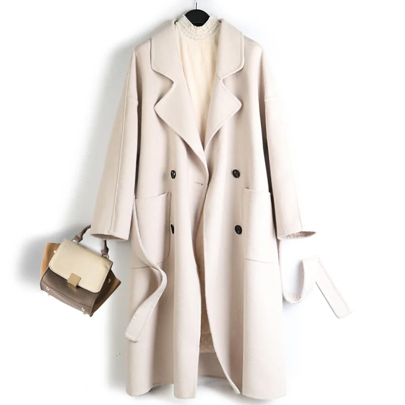 

2020 Spring New Fashion Korean Style Suit Collar Loose Double-breasted Mid-length Lace-up Double-sided Wool Coat Women B151