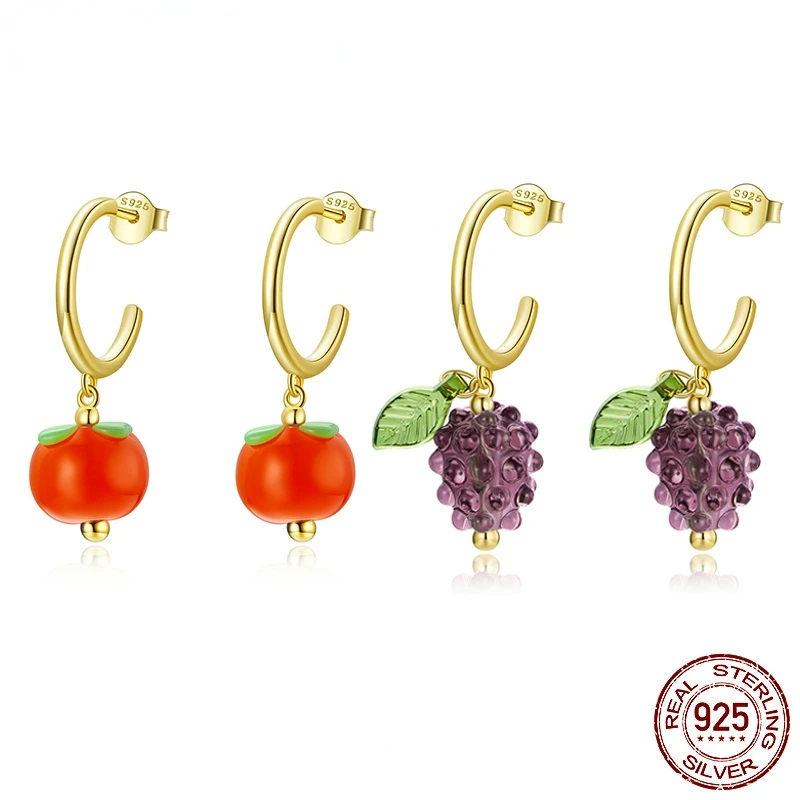 

925 Sterling Silver Earrings Glazed Persimmon Grape Charm Fruit Gold Stud Earrings for Women Fashion Jewelry SCE1212