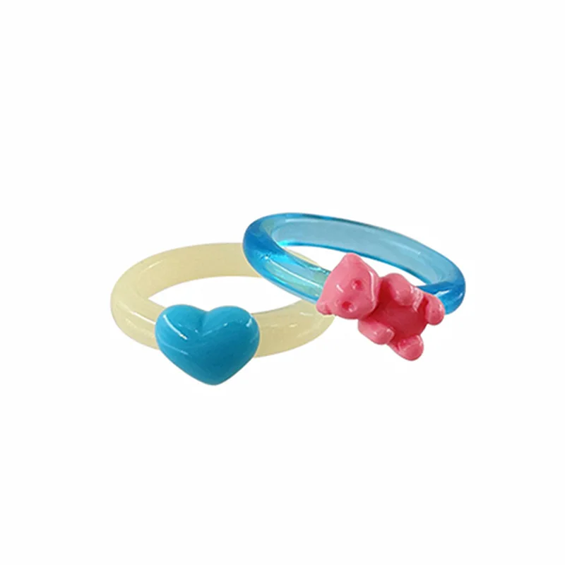 

2 Pcs/Set Ins Style Sweet Cute Little Bear with Love Heart Rings For Girls Funny Party Jewelry Children's Day Gifts For Kids