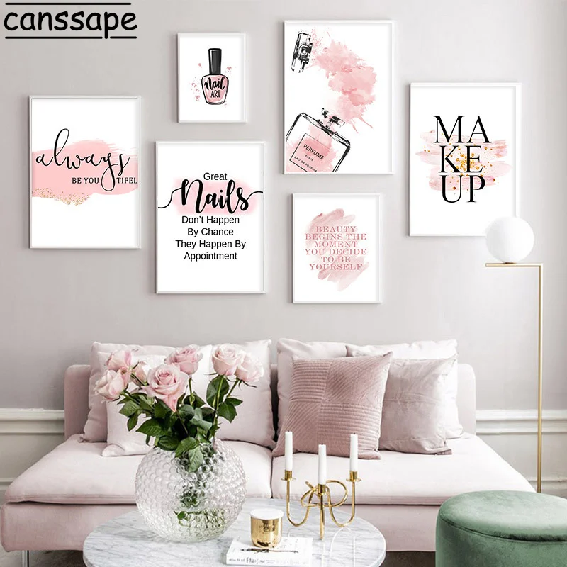 

Modern Canvas Posters Pink Flower Art Paintings Perfume Bottle Wall Prints Nail Polish Poster Fashion Aesthetic Room Decoration
