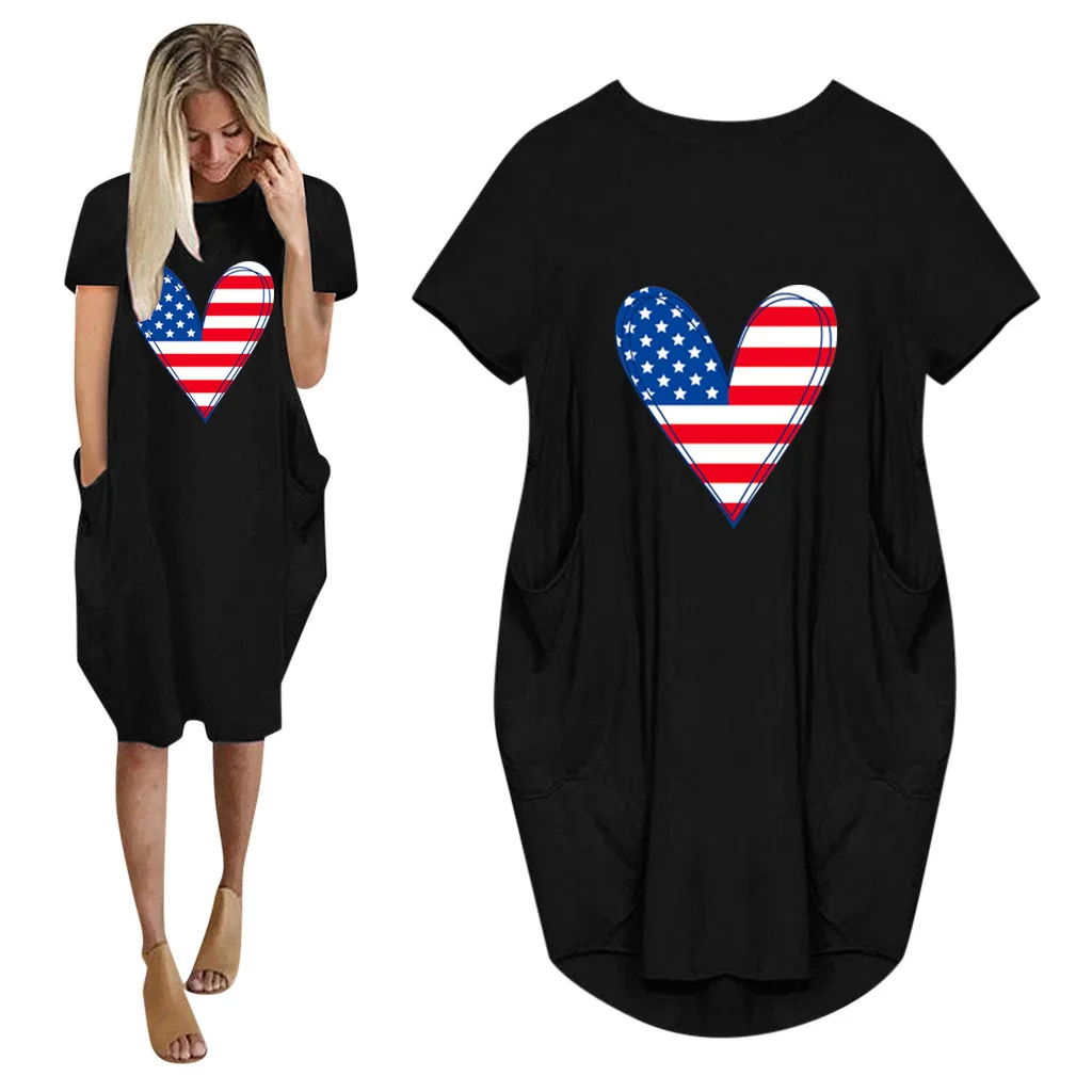 

Women Casual Loose Dress With Pockets Fashion O Neck Short Sleeve Love Print Long Tops Female Street Plus Size 5XL T-shirt Dress