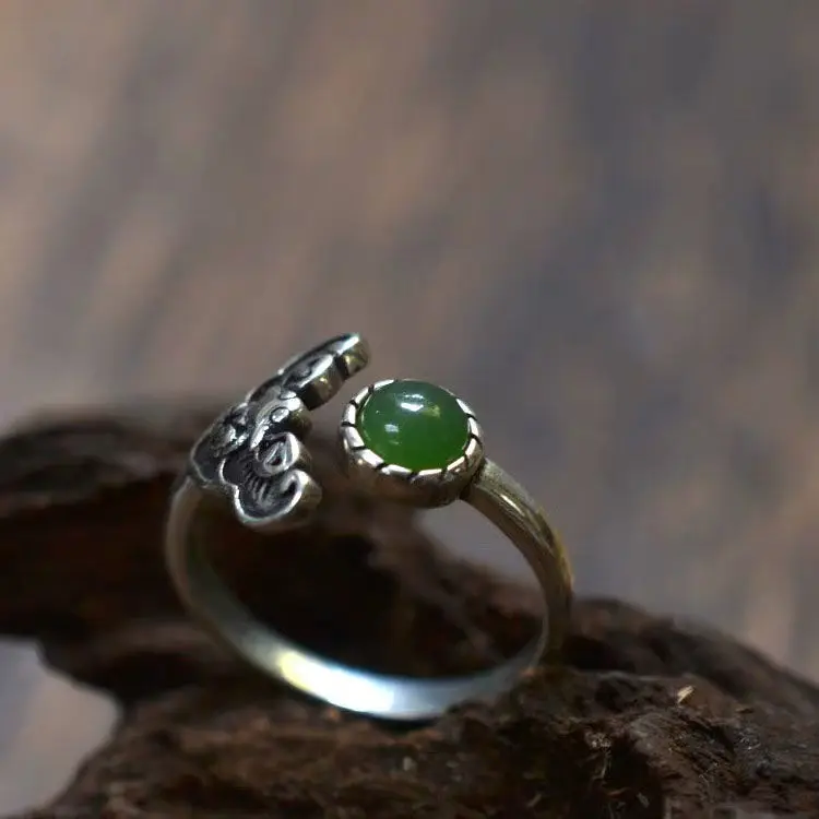 SNew silver inlaid Hetian jasper ethnic style retro original jewelry niche design neutral men and women opening adjustable ring | Украшения