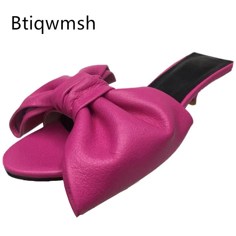 

Green Soft Real Leather Slippers Woman Open Toe Big Butterfly Knot Kitty High Heels Shoes Female Sexy Mules Sandals Lady