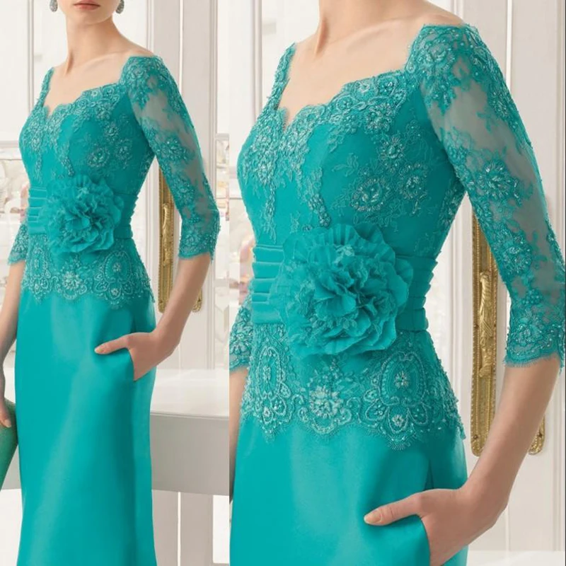 Gorgeous Teal Lace Mother of the Bride Dresses With Off Shoulder Three Quarter Sleeves Wedding Guest Gowns V Neck Full Length