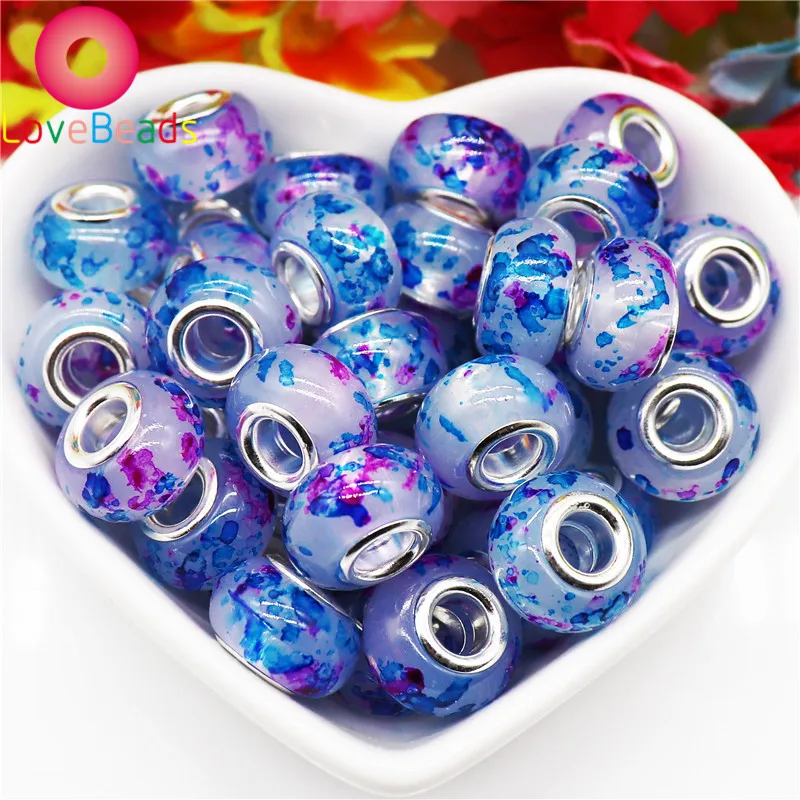 

10 Pcs Colorful Flower Art Design Silver Plated Core Round Big Hole Spacer Beads Fit Pandora Bracelet European Charm Jewelry