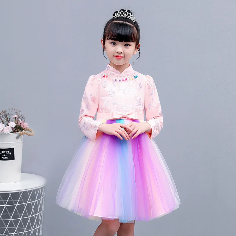 Радужное платье Кружевное с вышивкой для девочек Платья цветочным узором