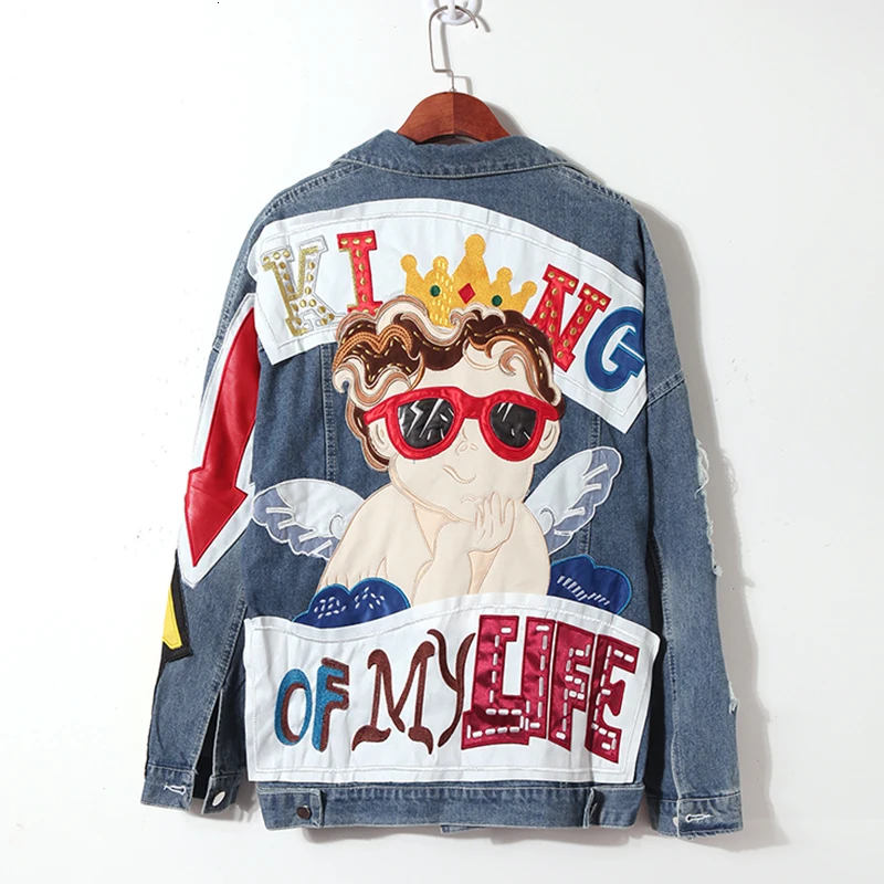 Boyfriend Style denim Jacket Women Lapel Long Sleeve Jean Jackets embroidery patch Denim Coat Casual Loose pocket Streetwear new |