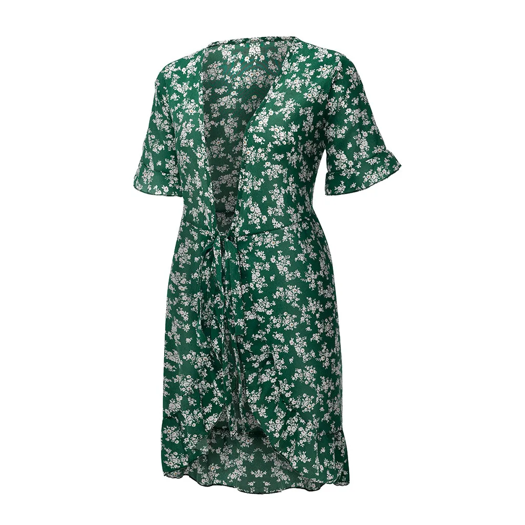 Women Dresses Summer 2020 Sexy V Neck Floral Print Boho Beach Dress Ruffle Short Sleeve A Line Mini Wrap Sundress Robe | Женская одежда