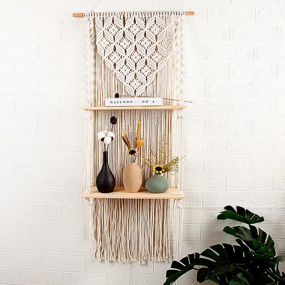 

Boho Woven Wood Shelf Tapestry 2-layer Cotton Rope Wall Floating Shelf Hanging Wall Rack For Home Decoration