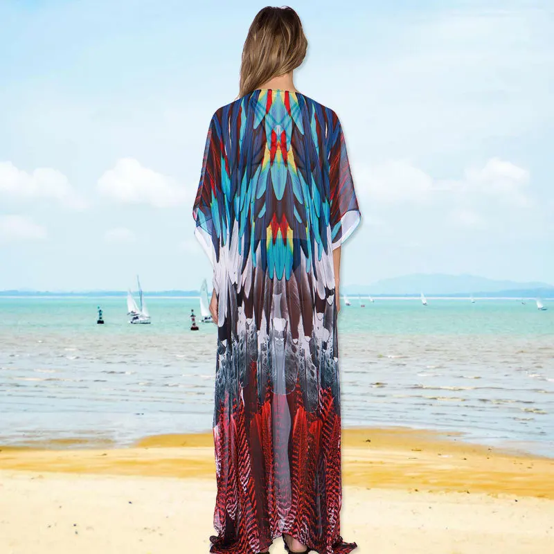 Длинное шифоновое платье большого размера Fitshinling пляжная одежда кафтан с принтом