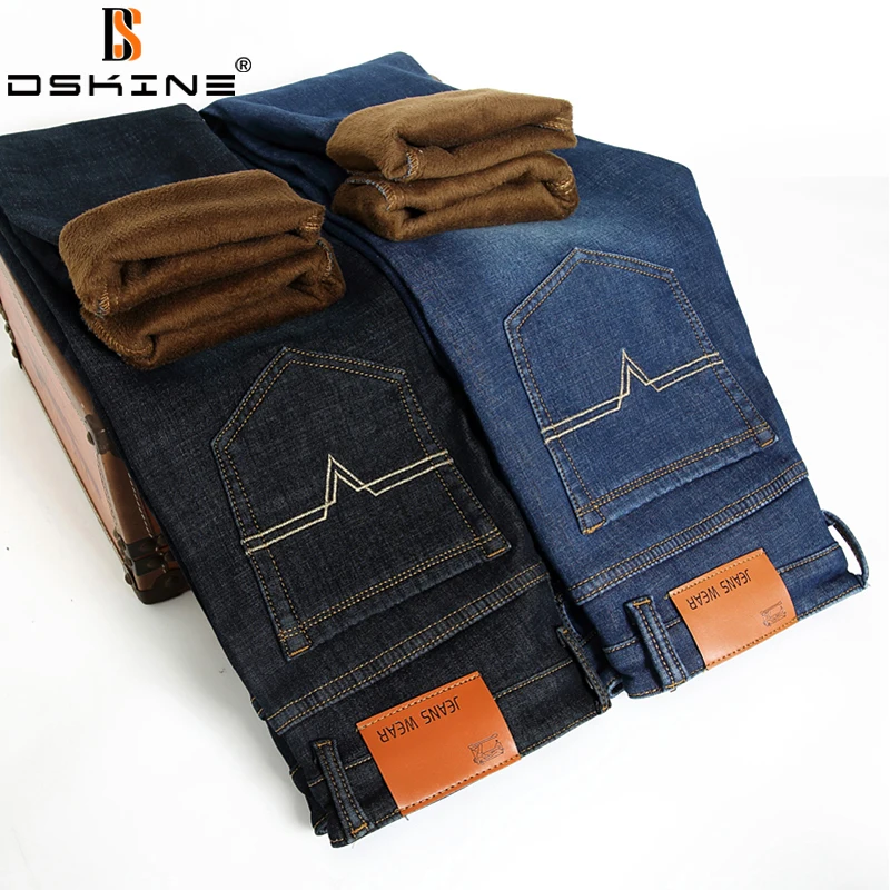 

Men Winter Straight Trousers Baggy Stretch Jean Fashion Men Casual Jeans 2021 New Thicken Keep Warm Autumn Men Denim Pants