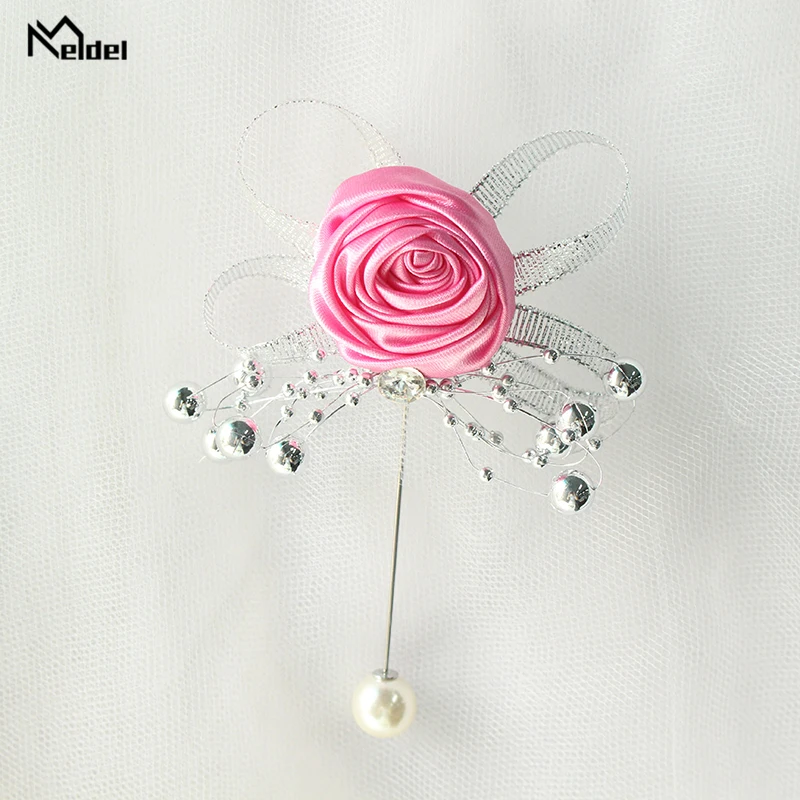 Meldel Artificial Pearl Brooch Wedding Corsage Pin Flowers Silk Roses Boutonniere Men Mariage Corsages and Boutonnieres |
