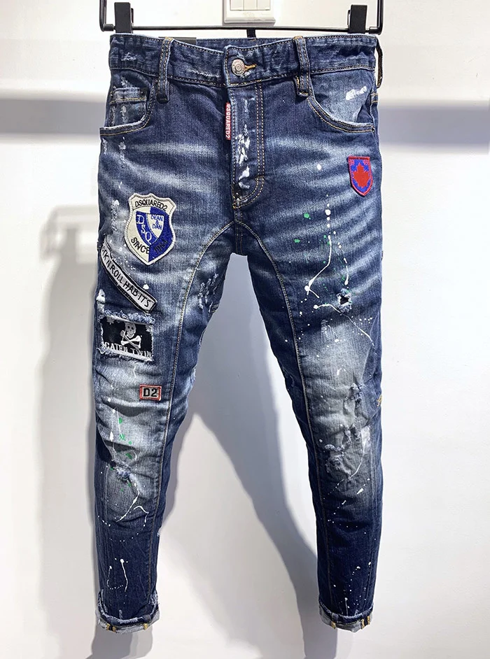 

European dsq brand mens Italy jeans pants men coolguy D2 jeans Men Slim jeans denim trousers blue hole Pants jeans for men 357