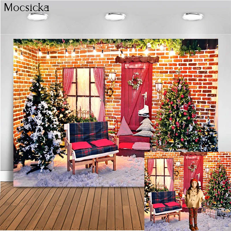 

Mocsicka Christmas Photography Background Christmas Tree Wooden Door Decoration Family Party Backdrop Photography Studio