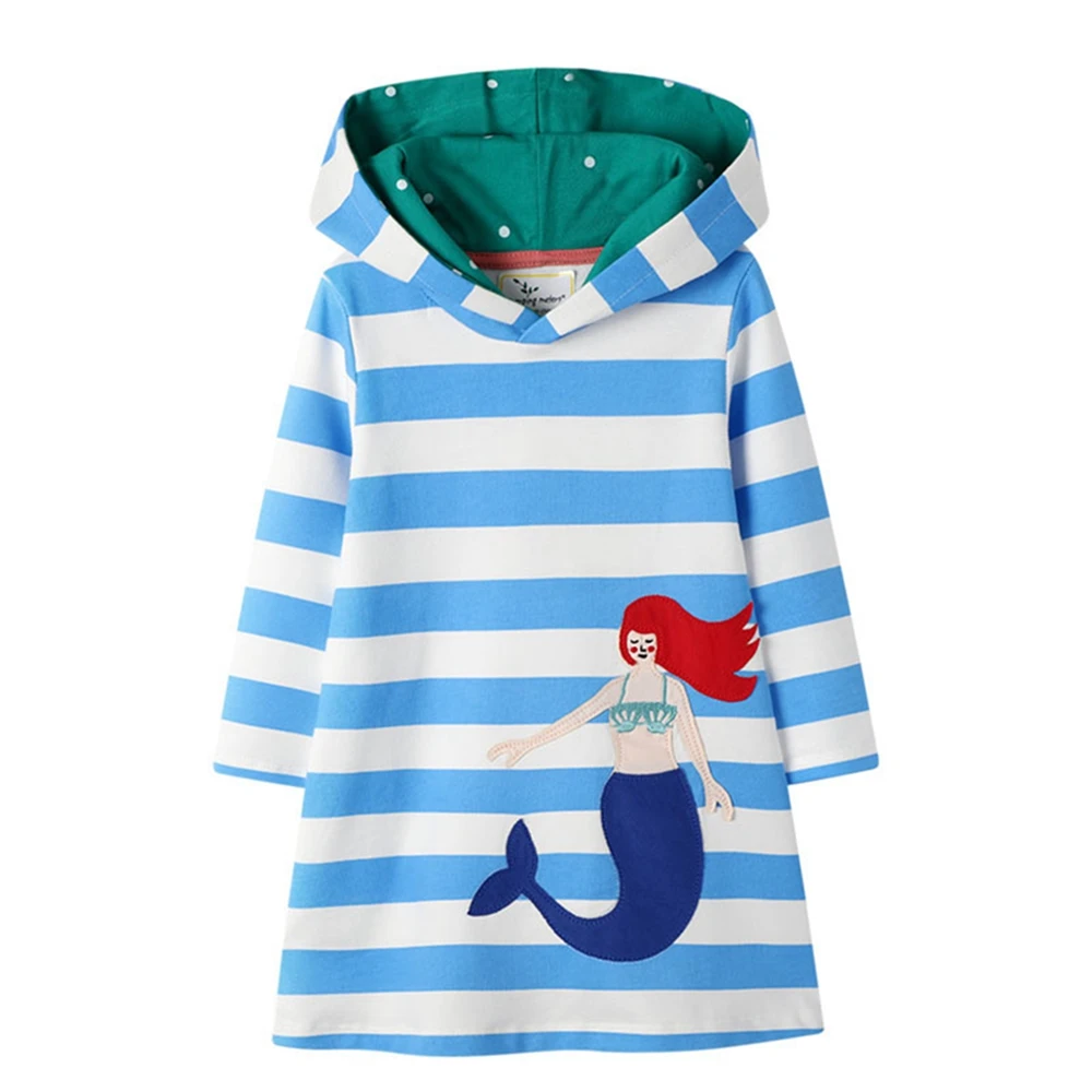 

2-7 Years Baby Girl Cotton Dress Long Sleeve with Hat T-shirt Striped Dress Embroidery with Mermaid Clothes for Toddle Kids