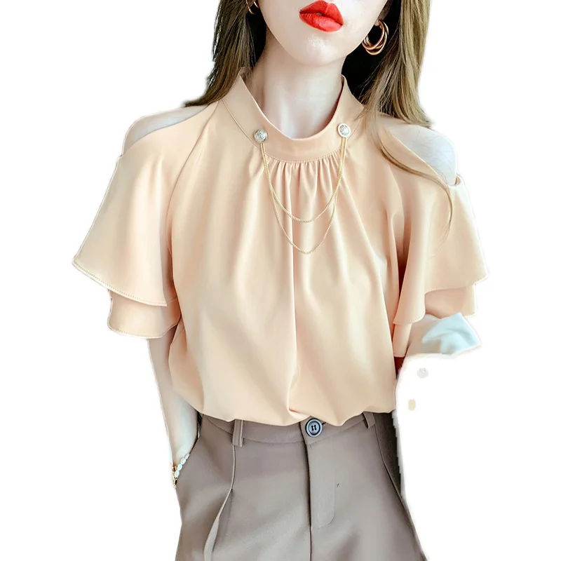 

Ladies Tops Sweet Short Sleeve Summer High Quality Strapless Casual Shirt Women 2021 New Chain Office Chiffon Blouse Mujer