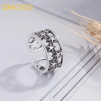 qmcoco vintage personality hollow out round star open adjustable thai silver ring for women silver color fashion jewelry%c2%a0