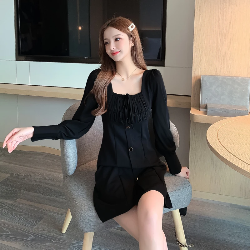 

2020 fall new style elegant temperament slim fit square collar custom long sleeve slim slimming dress female fashion soft S -XL
