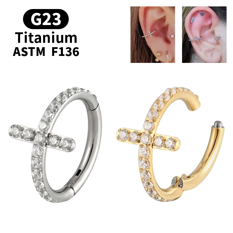 

G23 Titanium Cross Helix Earring CZ Cluster Hinged Segment Ring Nostril Nipple Clicker Ear Cartilage Tragus Lip Piercing Jewelry