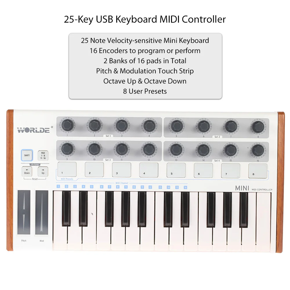 Worlde Ультрапортативный Профессиональный 25-клавишный USB MIDI-Барабанный коврик и